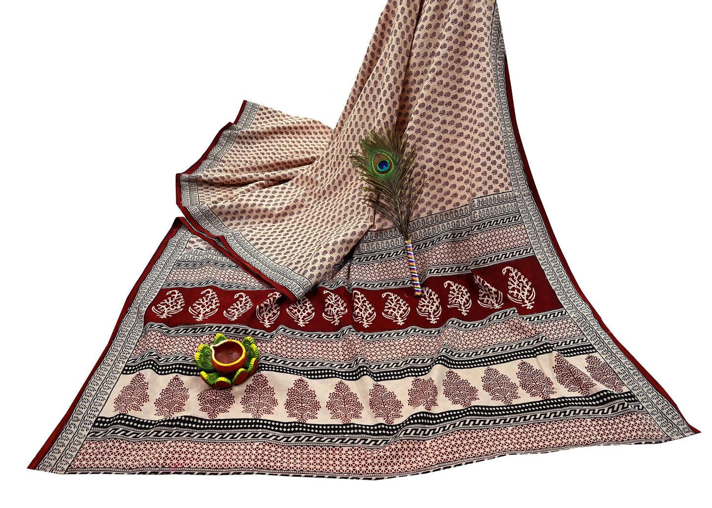 Indian Vintage Sari Beige Block Printed Pure Cotton Saree Craft Fabric 5Yd Sewing Sarong Wrap Boho Floral Crafting Upcycle Quilting