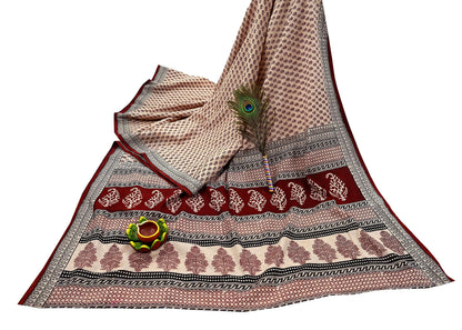 Indian Vintage Sari Beige Block Printed Pure Cotton Saree Craft Fabric 5Yd Sewing Sarong Wrap Boho Floral Crafting Upcycle Quilting