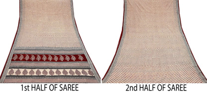 Indian Vintage Sari Beige Block Printed Pure Cotton Saree Craft Fabric 5Yd Sewing Sarong Wrap Boho Floral Crafting Upcycle Quilting