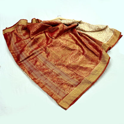 Indian Vintage Saree Maroon & Ivory Pure Silk Hand Woven Double Ikat Patola Sari Craft Fabric 5Yard Zari Ethnic Premium Saree