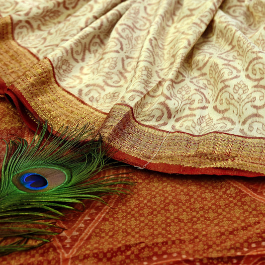 Indian Vintage Saree Maroon & Ivory Pure Silk Hand Woven Double Ikat Patola Sari Craft Fabric 5Yard Zari Ethnic Premium Saree