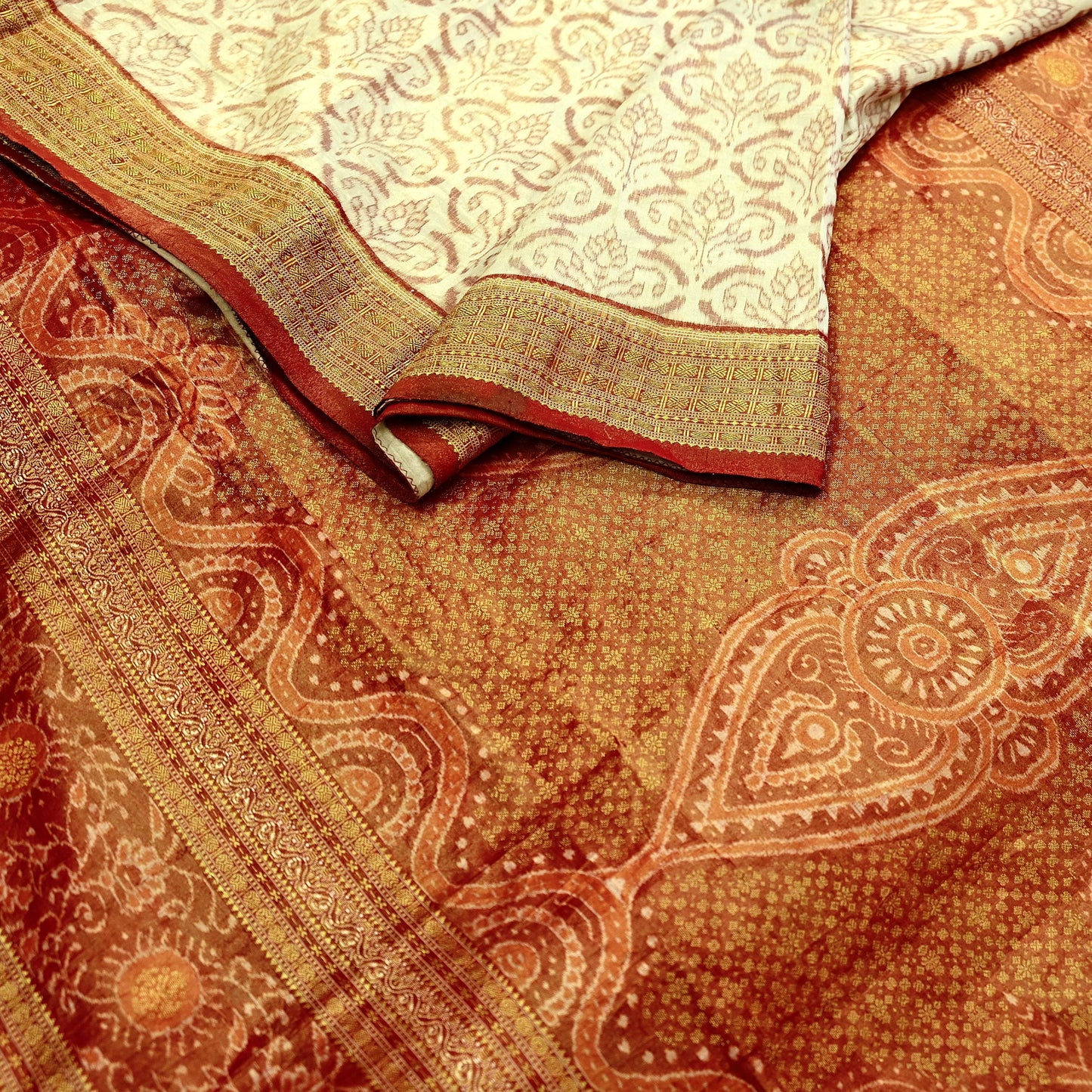 Indian Vintage Saree Maroon & Ivory Pure Silk Hand Woven Double Ikat Patola Sari Craft Fabric 5Yard Zari Ethnic Premium Saree