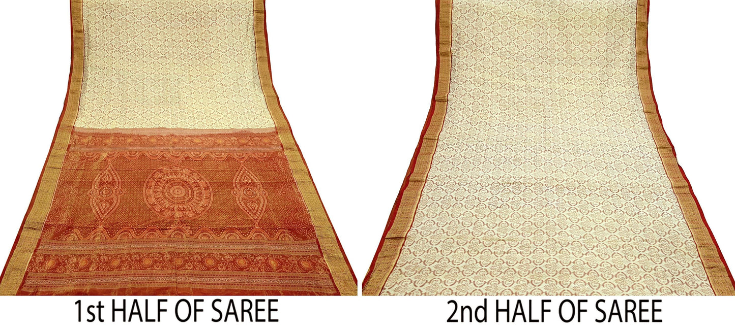 Indian Vintage Saree Maroon & Ivory Pure Silk Hand Woven Double Ikat Patola Sari Craft Fabric 5Yard Zari Ethnic Premium Saree
