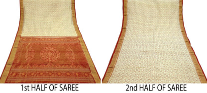 Indian Vintage Saree Maroon & Ivory Pure Silk Hand Woven Double Ikat Patola Sari Craft Fabric 5Yard Zari Ethnic Premium Saree