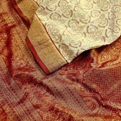 Indian Vintage Saree Maroon & Ivory Pure Silk Hand Woven Double Ikat Patola Sari Craft Fabric 5Yard Zari Ethnic Premium Saree