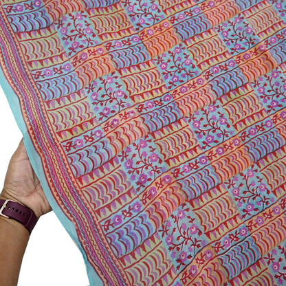 Indian Vintage Sari Green & Blue Pure Georgette Silk Printed Sarees Craft Fabric Sewing 5Yd Soft Sari Dress Making Crafting Quilting Upcycle