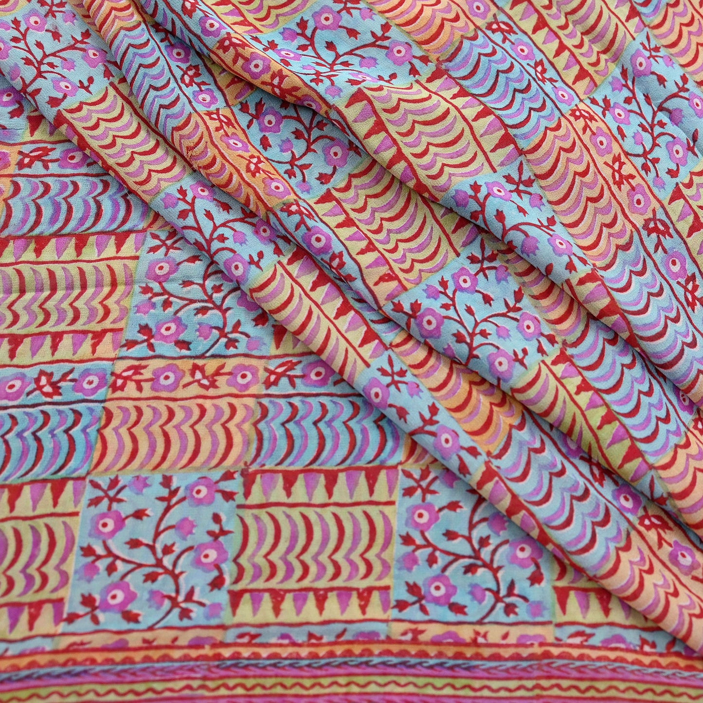 Indian Vintage Sari Green & Blue Pure Georgette Silk Printed Sarees Craft Fabric Sewing 5Yd Soft Sari Dress Making Crafting Quilting Upcycle