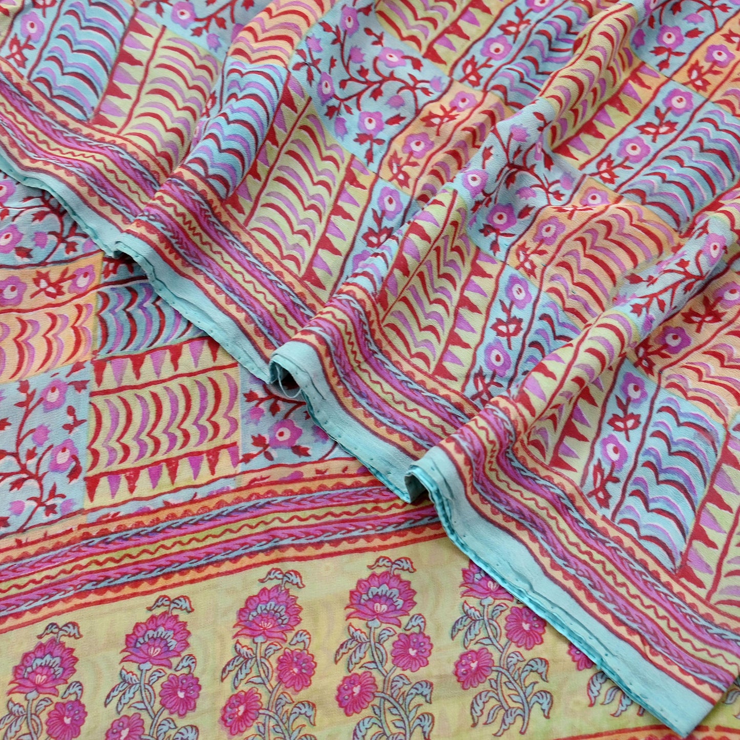 Indian Vintage Sari Green & Blue Pure Georgette Silk Printed Sarees Craft Fabric Sewing 5Yd Soft Sari Dress Making Crafting Quilting Upcycle