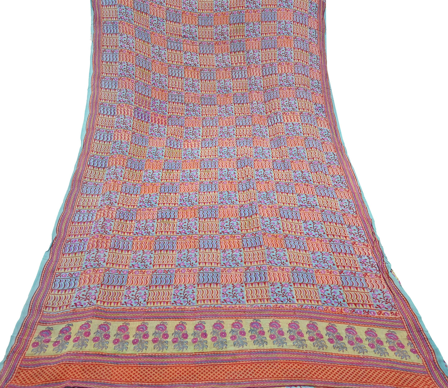 Indian Vintage Sari Green & Blue Pure Georgette Silk Printed Sarees Craft Fabric Sewing 5Yd Soft Sari Dress Making Crafting Quilting Upcycle