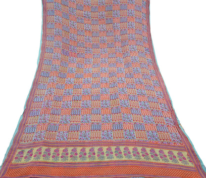 Indian Vintage Sari Green & Blue Pure Georgette Silk Printed Sarees Craft Fabric Sewing 5Yd Soft Sari Dress Making Crafting Quilting Upcycle