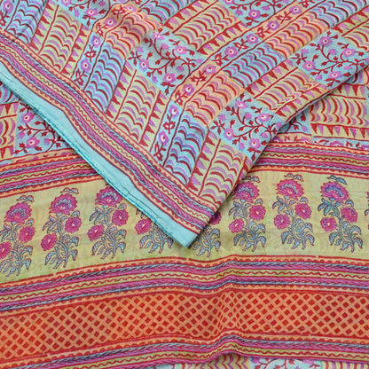 Indian Vintage Sari Green & Blue Pure Georgette Silk Printed Sarees Craft Fabric Sewing 5Yd Soft Sari Dress Making Crafting Quilting Upcycle