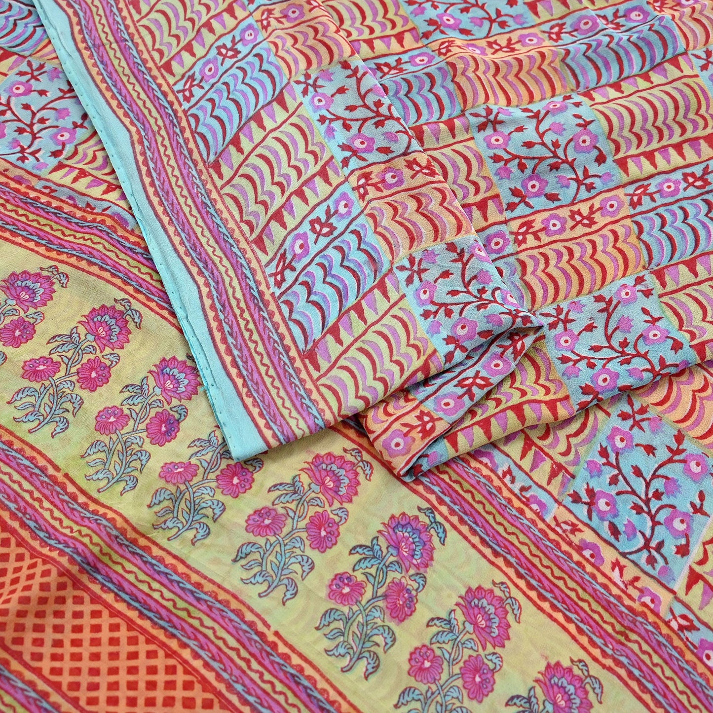 Indian Vintage Sari Green & Blue Pure Georgette Silk Printed Sarees Craft Fabric Sewing 5Yd Soft Sari Dress Making Crafting Quilting Upcycle