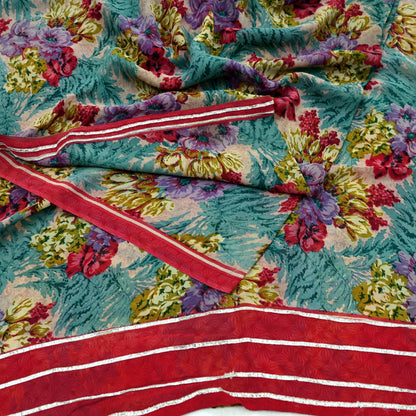 Indian Vintage Sari Green Pure Georgette Silk Printed Sarees Craft Fabric Sewing 5Yd Soft Sari Dress Making Crafting Quilting Upcycle
