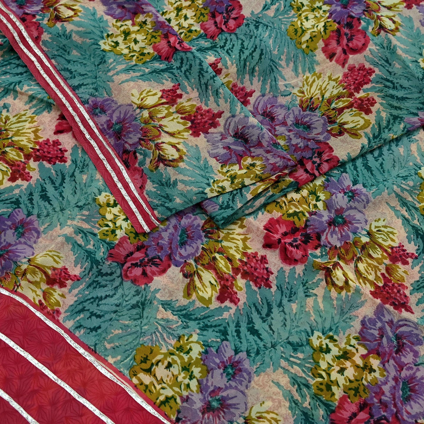 Indian Vintage Sari Green Pure Georgette Silk Printed Sarees Craft Fabric Sewing 5Yd Soft Sari Dress Making Crafting Quilting Upcycle