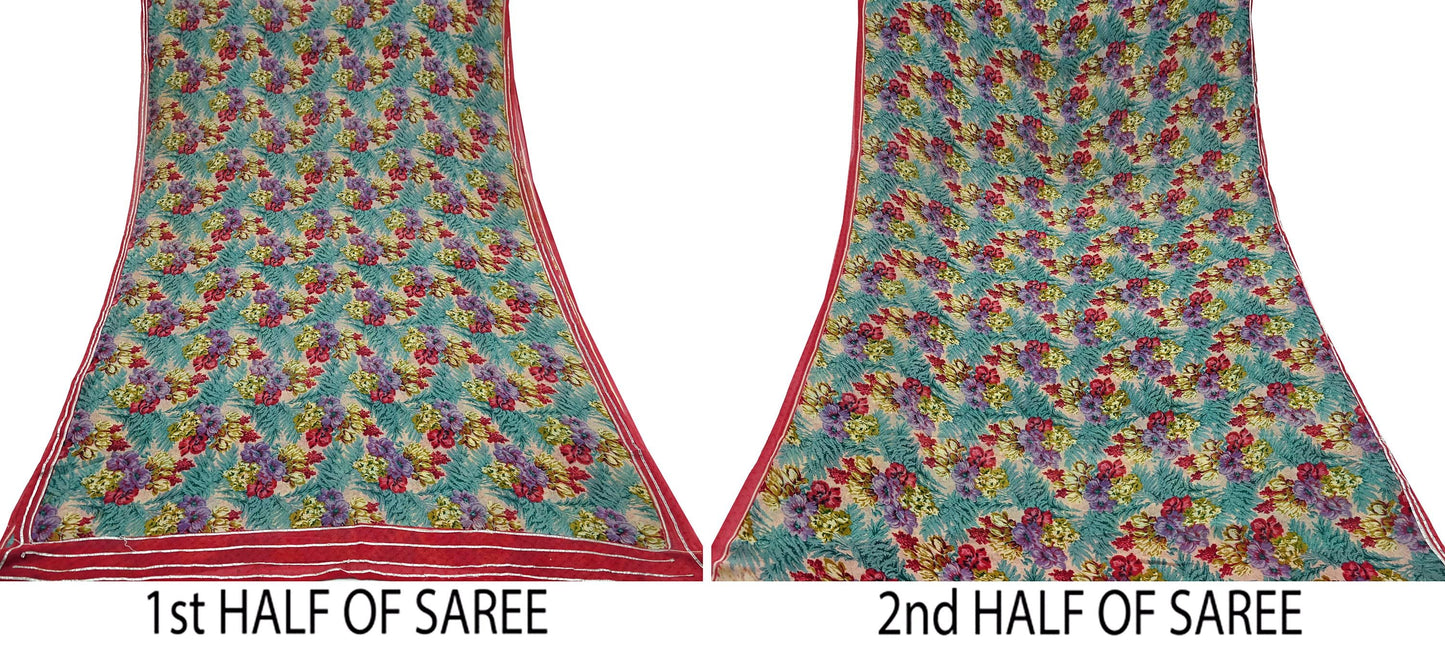 Indian Vintage Sari Green Pure Georgette Silk Printed Sarees Craft Fabric Sewing 5Yd Soft Sari Dress Making Crafting Quilting Upcycle