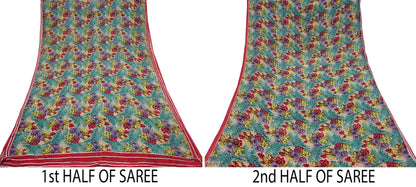Indian Vintage Sari Green Pure Georgette Silk Printed Sarees Craft Fabric Sewing 5Yd Soft Sari Dress Making Crafting Quilting Upcycle