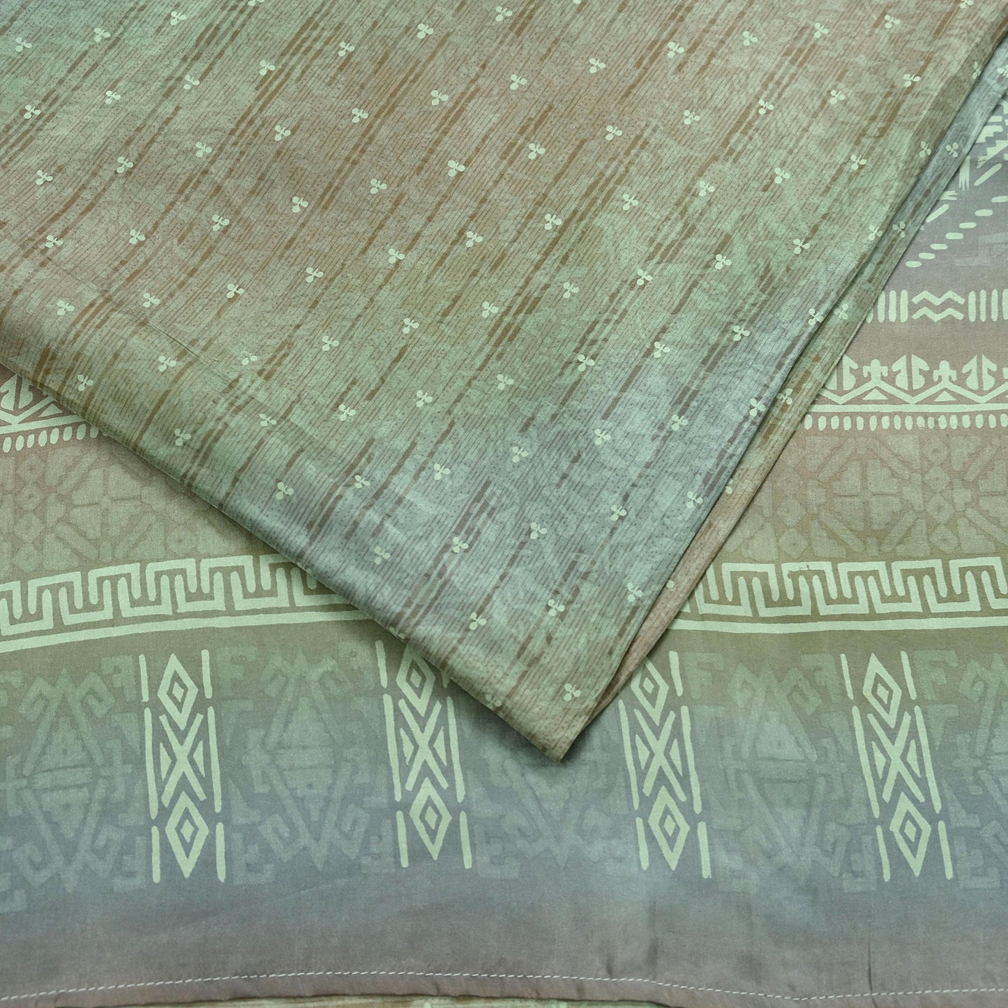 Indian Vintage Sari Green & Brown Pure Silk Printed Sarees 5yd Sewing Craft Fabric Dress Making Soft Wrap Upcycle Used Quilting Crafting