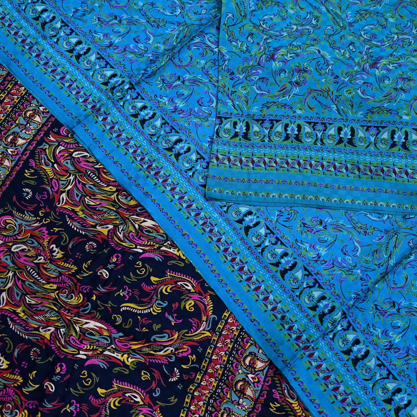 Indian Vintage Saree Blue Pure Silk Printed Sari 5yd Craft Fabric Sewing Floral Soft Wrap Sarong Quilting Used Dress making Quilting Upcycle