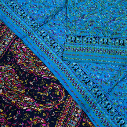 Indian Vintage Saree Blue Pure Silk Printed Sari 5yd Craft Fabric Sewing Floral Soft Wrap Sarong Quilting Used Dress making Quilting Upcycle