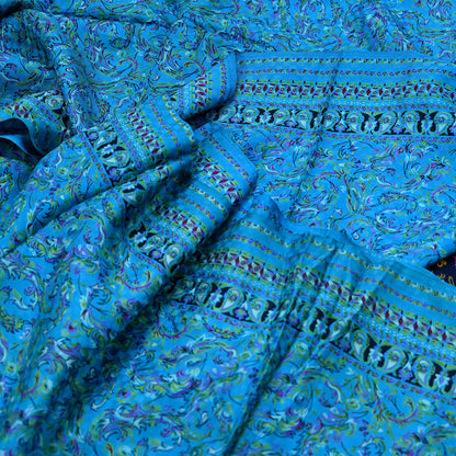 Indian Vintage Saree Blue Pure Silk Printed Sari 5yd Craft Fabric Sewing Floral Soft Wrap Sarong Quilting Used Dress making Quilting Upcycle