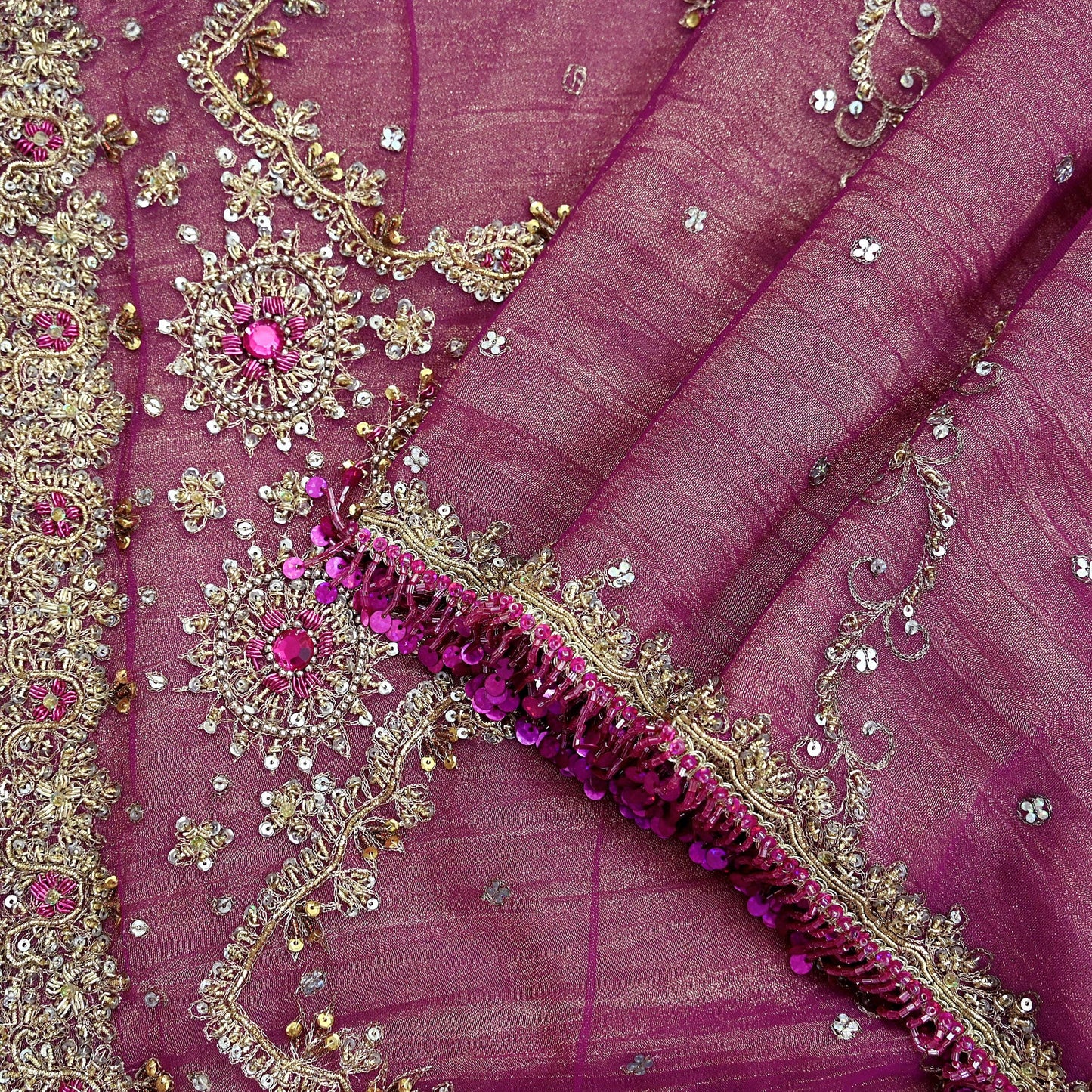 Indian Vintage Heavy Purple Dupatta Net Mesh Long Stole Hand Embroidered Scarves Zardozi/ Zari Tassels Stole Bridal/Wedding Wear