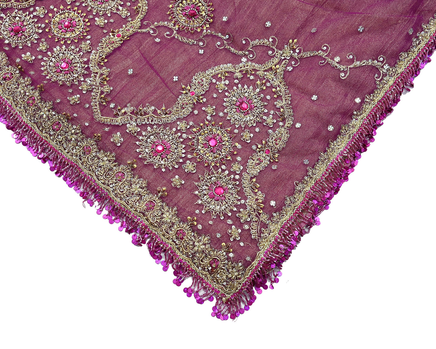 Indian Vintage Heavy Purple Dupatta Net Mesh Long Stole Hand Embroidered Scarves Zardozi/ Zari Tassels Stole Bridal/Wedding Wear