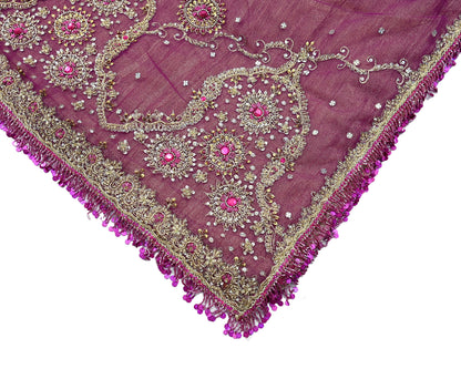 Indian Vintage Heavy Purple Dupatta Net Mesh Long Stole Hand Embroidered Scarves Zardozi/ Zari Tassels Stole Bridal/Wedding Wear