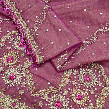 Indian Vintage Heavy Purple Dupatta Net Mesh Long Stole Hand Embroidered Scarves Zardozi/ Zari Tassels Stole Bridal/Wedding Wear