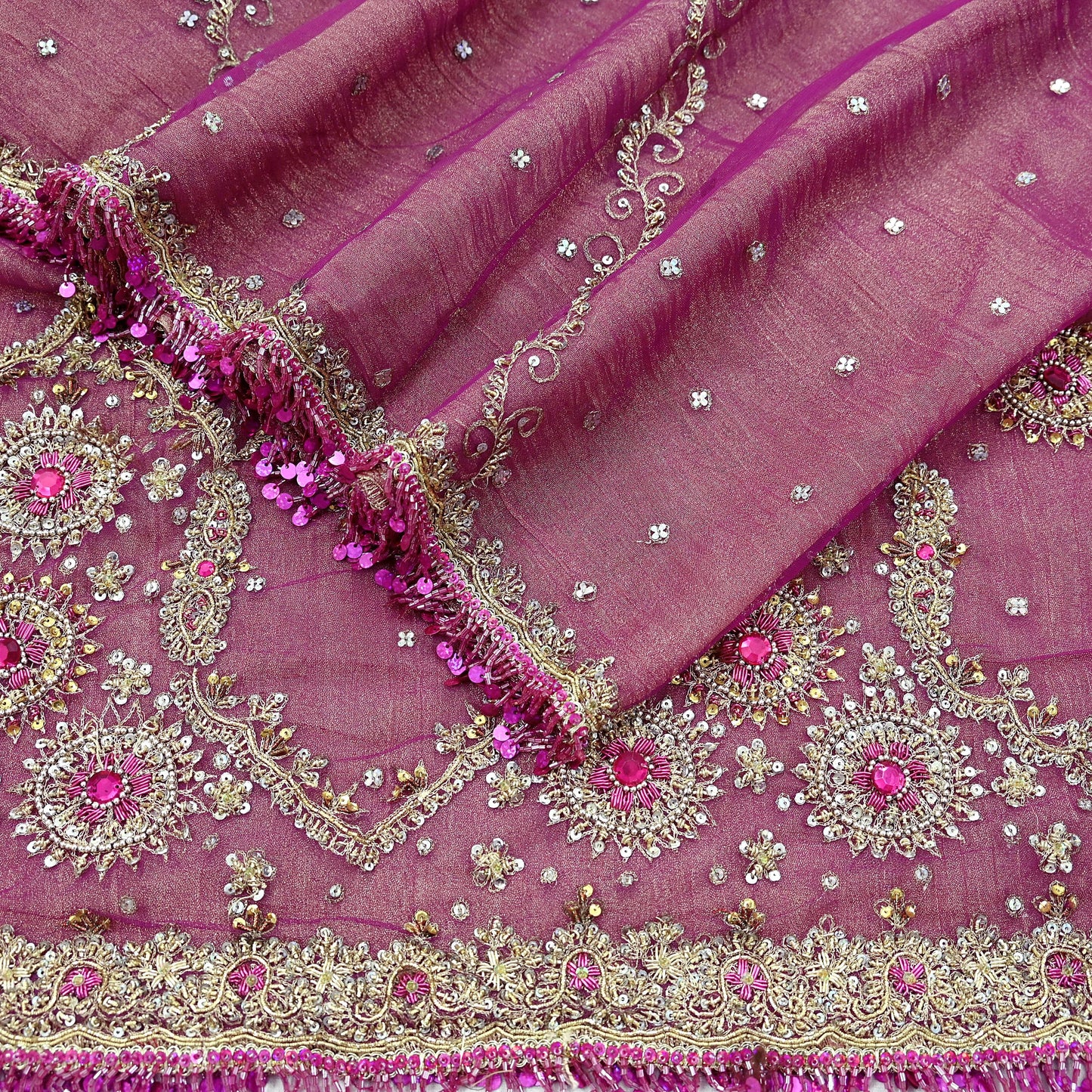 Indian Vintage Heavy Purple Dupatta Net Mesh Long Stole Hand Embroidered Scarves Zardozi/ Zari Tassels Stole Bridal/Wedding Wear