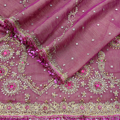 Indian Vintage Heavy Purple Dupatta Net Mesh Long Stole Hand Embroidered Scarves Zardozi/ Zari Tassels Stole Bridal/Wedding Wear