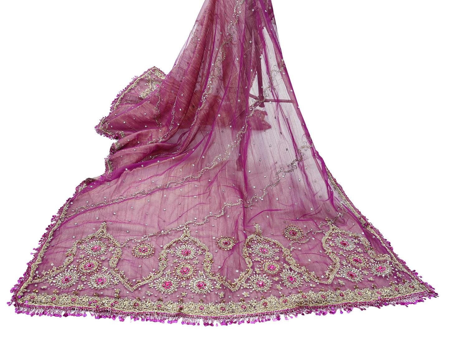 Indian Vintage Heavy Purple Dupatta Net Mesh Long Stole Hand Embroidered Scarves Zardozi/ Zari Tassels Stole Bridal/Wedding Wear