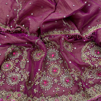 Indian Vintage Heavy Purple Dupatta Net Mesh Long Stole Hand Embroidered Scarves Zardozi/ Zari Tassels Stole Bridal/Wedding Wear