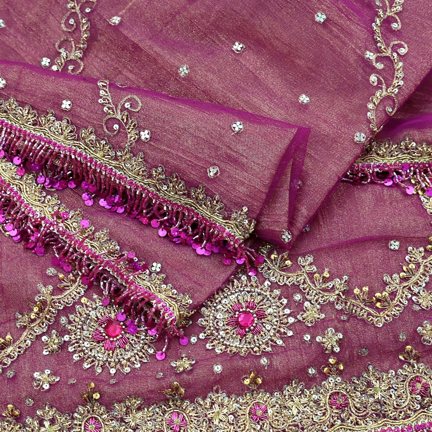 Indian Vintage Heavy Purple Dupatta Net Mesh Long Stole Hand Embroidered Scarves Zardozi/ Zari Tassels Stole Bridal/Wedding Wear