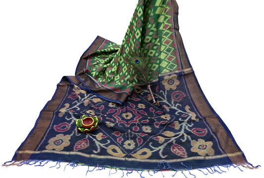 Indian Vintage Green & Yellow Saree Pure Silk Pochampally Hand Woven Ikat Sari Craft Fabric 5Yd Ethnic Zari Border Dress making Fringes