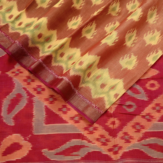 Indian Vintage Red & Rusty Saree Pure Silk Pochampally Hand Woven Ikat Sari Craft Fabric 5Yd Ethnic Zari Border Dress making Fringes