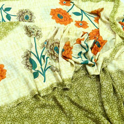 Indian Vintage Saree Ivory & Green Moss Crepe Digital Printed Sari Fabric 6yd Sewing Soft Craft Fabric Dressmaking Dress Designing Quilting