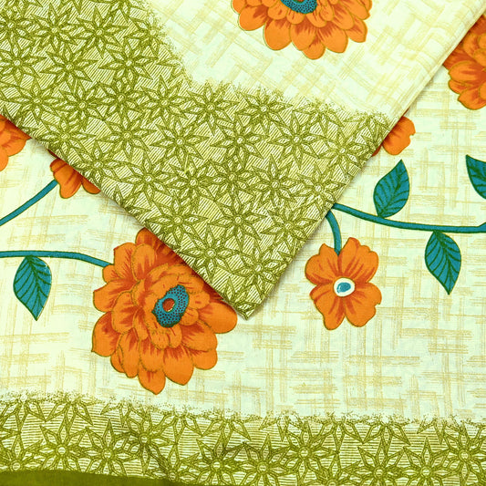 Indian Vintage Saree Ivory & Green Moss Crepe Digital Printed Sari Fabric 6yd Sewing Soft Craft Fabric Dressmaking Dress Designing Quilting