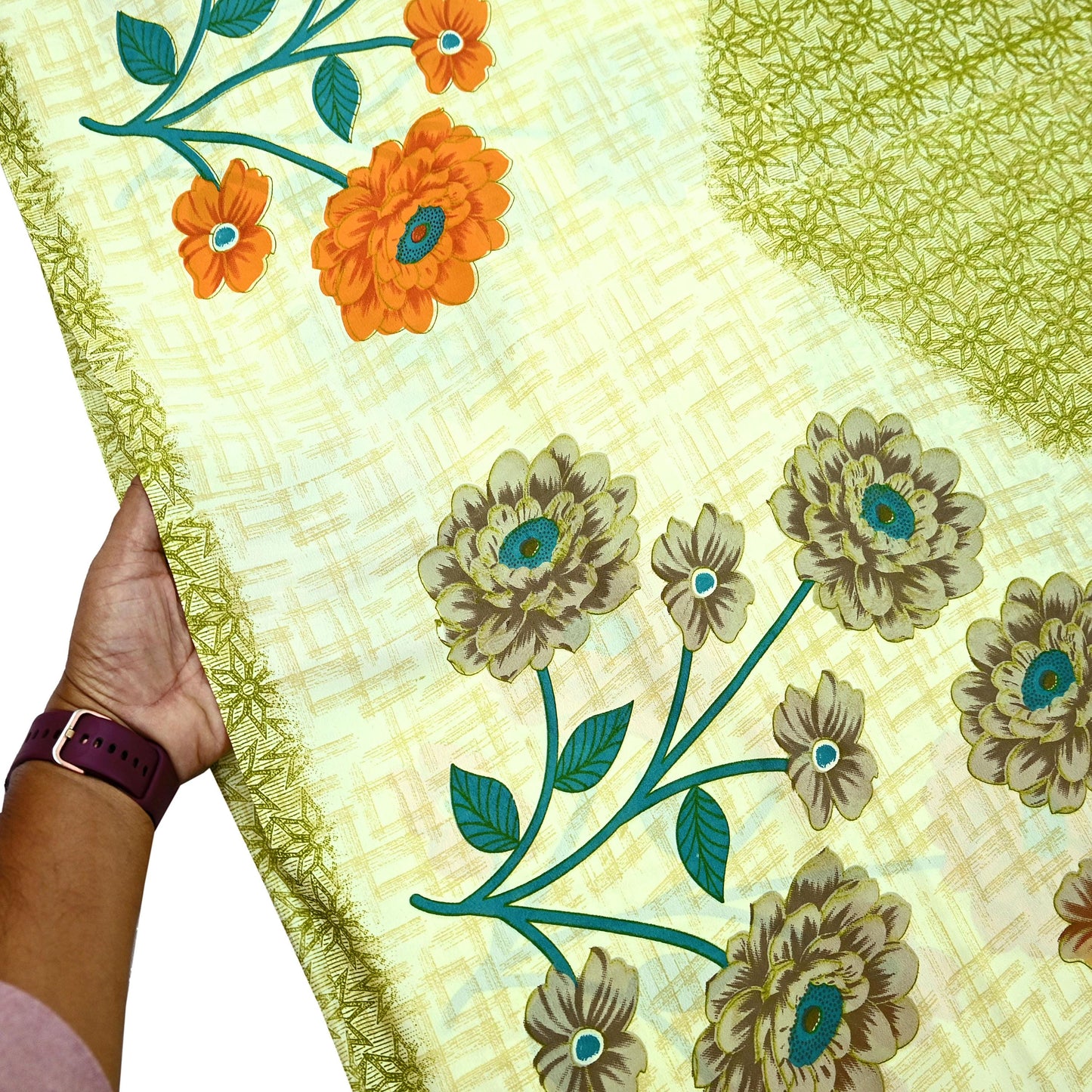 Indian Vintage Saree Ivory & Green Moss Crepe Digital Printed Sari Fabric 6yd Sewing Soft Craft Fabric Dressmaking Dress Designing Quilting