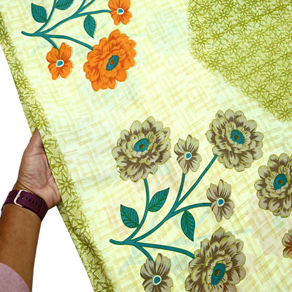 Indian Vintage Saree Ivory & Green Moss Crepe Digital Printed Sari Fabric 6yd Sewing Soft Craft Fabric Dressmaking Dress Designing Quilting