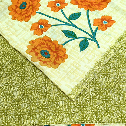 Indian Vintage Saree Ivory & Green Moss Crepe Digital Printed Sari Fabric 6yd Sewing Soft Craft Fabric Dressmaking Dress Designing Quilting