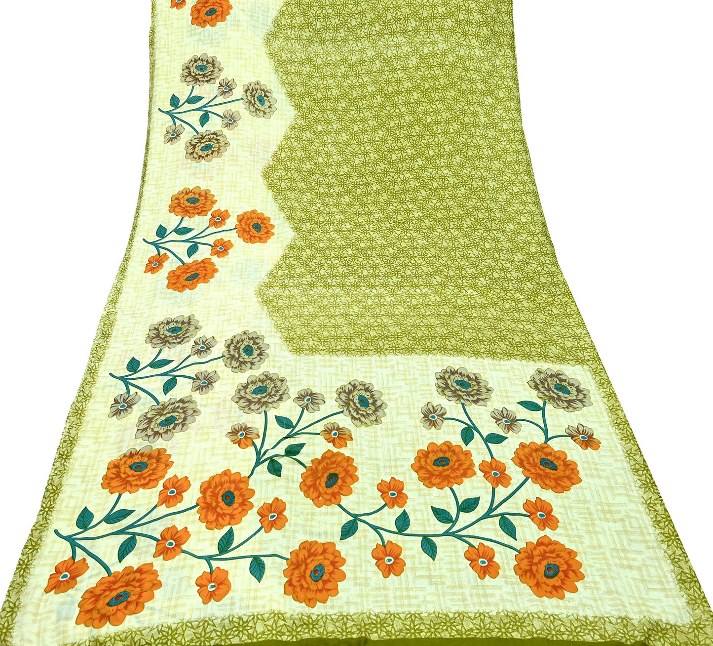 Indian Vintage Saree Ivory & Green Moss Crepe Digital Printed Sari Fabric 6yd Sewing Soft Craft Fabric Dressmaking Dress Designing Quilting