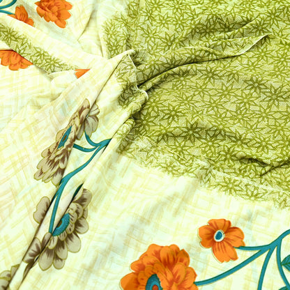 Indian Vintage Saree Ivory & Green Moss Crepe Digital Printed Sari Fabric 6yd Sewing Soft Craft Fabric Dressmaking Dress Designing Quilting