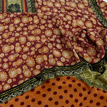 Indian Vintage Sari Multi Pure Crepe Silk Block Printed Saree 5yd Sewing Floral Soft Craft Fabric Wrap Dress making Upcycle For Crafting