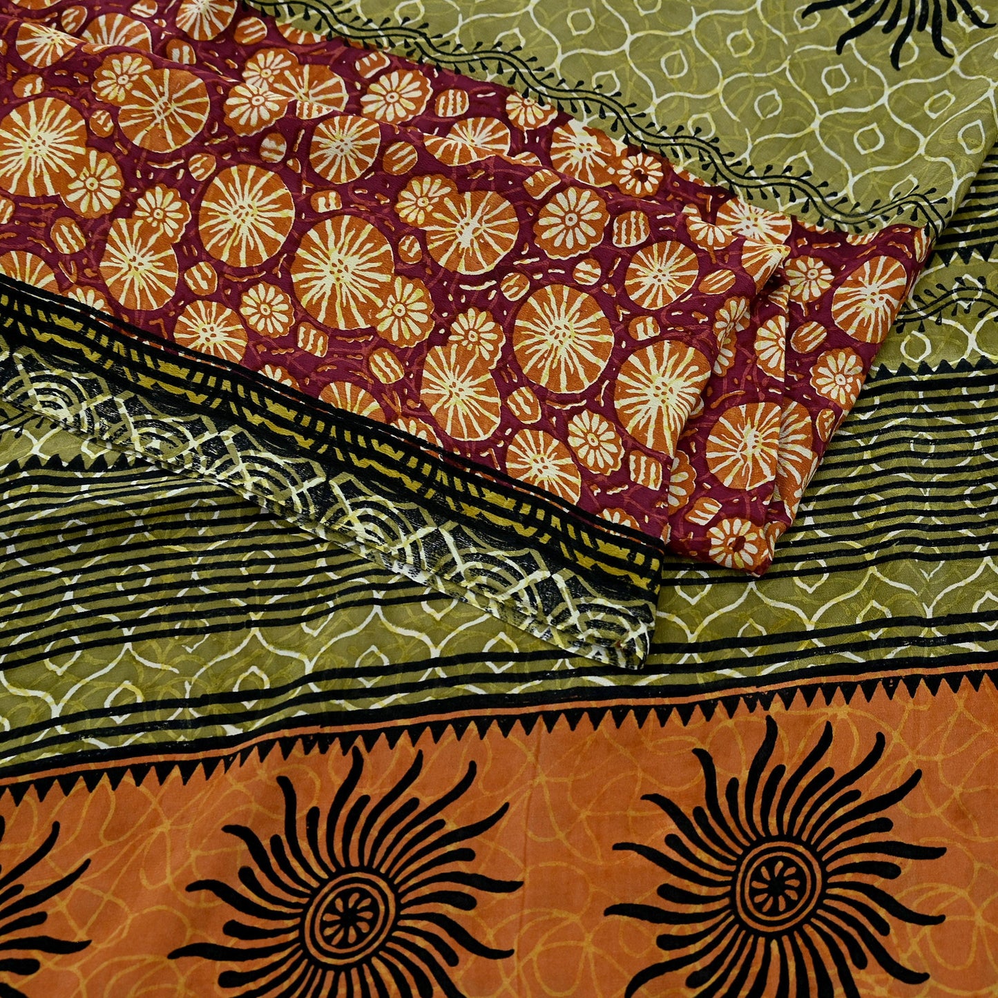 Indian Vintage Sari Multi Pure Crepe Silk Block Printed Saree 5yd Sewing Floral Soft Craft Fabric Wrap Dress making Upcycle For Crafting