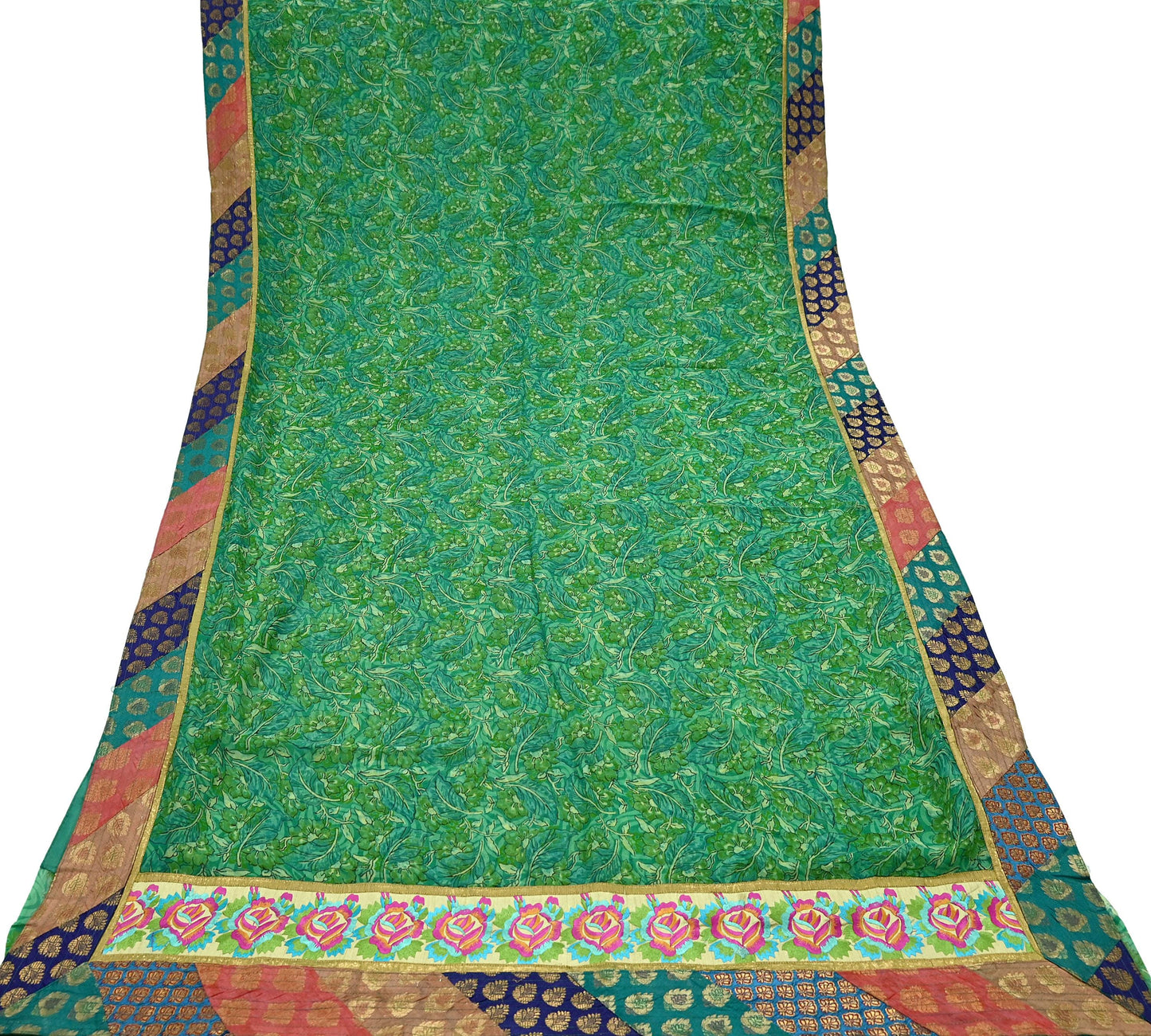 Indian Vintage Green Saree Pure Georgette Silk Printed Sari Craft Fabric 5Yd Ethnic Soft Dress making Crafting Quilting