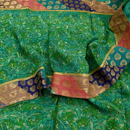Indian Vintage Green Saree Pure Georgette Silk Printed Sari Craft Fabric 5Yd Ethnic Soft Dress making Crafting Quilting