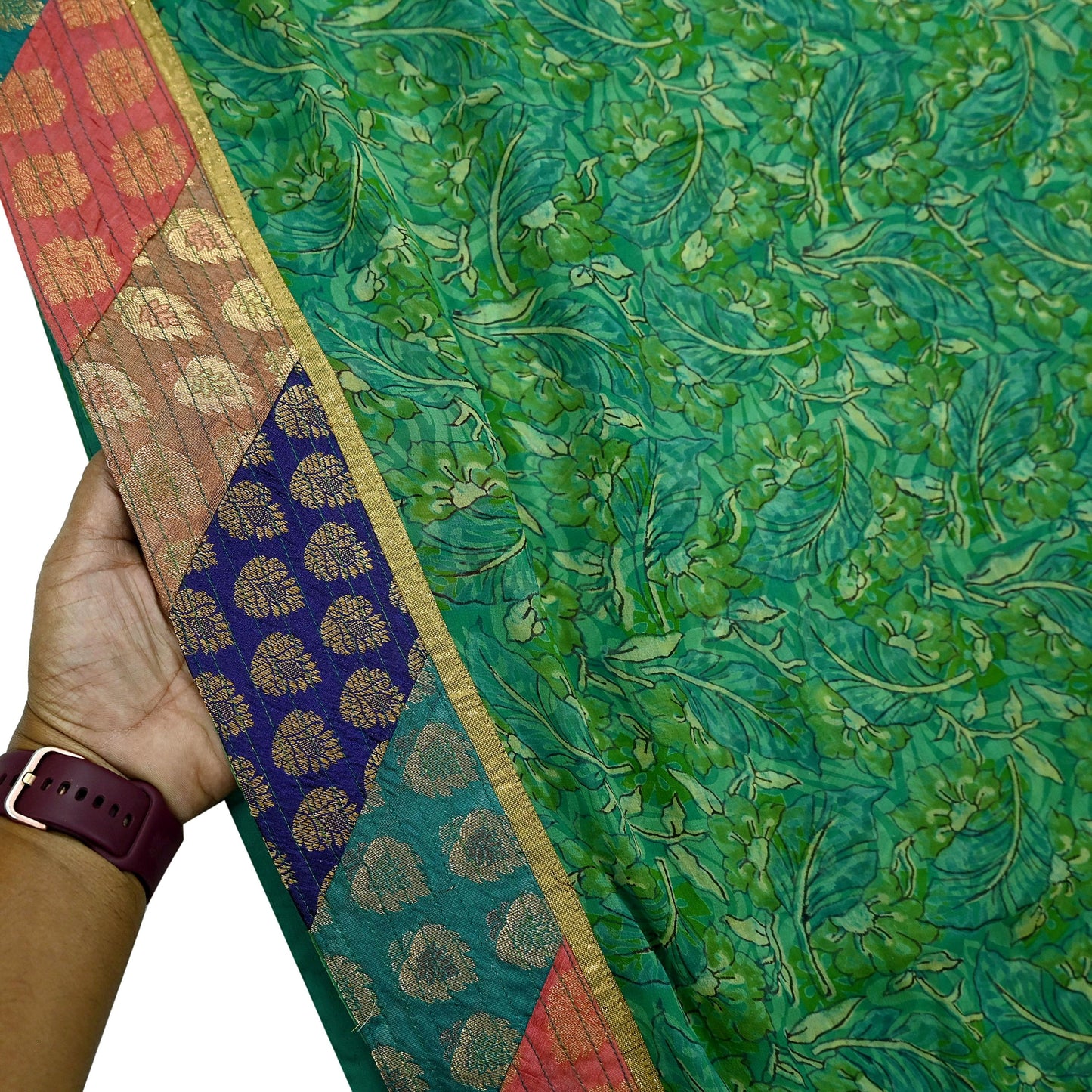 Indian Vintage Green Saree Pure Georgette Silk Printed Sari Craft Fabric 5Yd Ethnic Soft Dress making Crafting Quilting