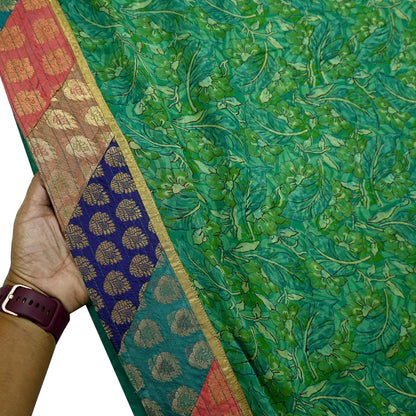 Indian Vintage Green Saree Pure Georgette Silk Printed Sari Craft Fabric 5Yd Ethnic Soft Dress making Crafting Quilting