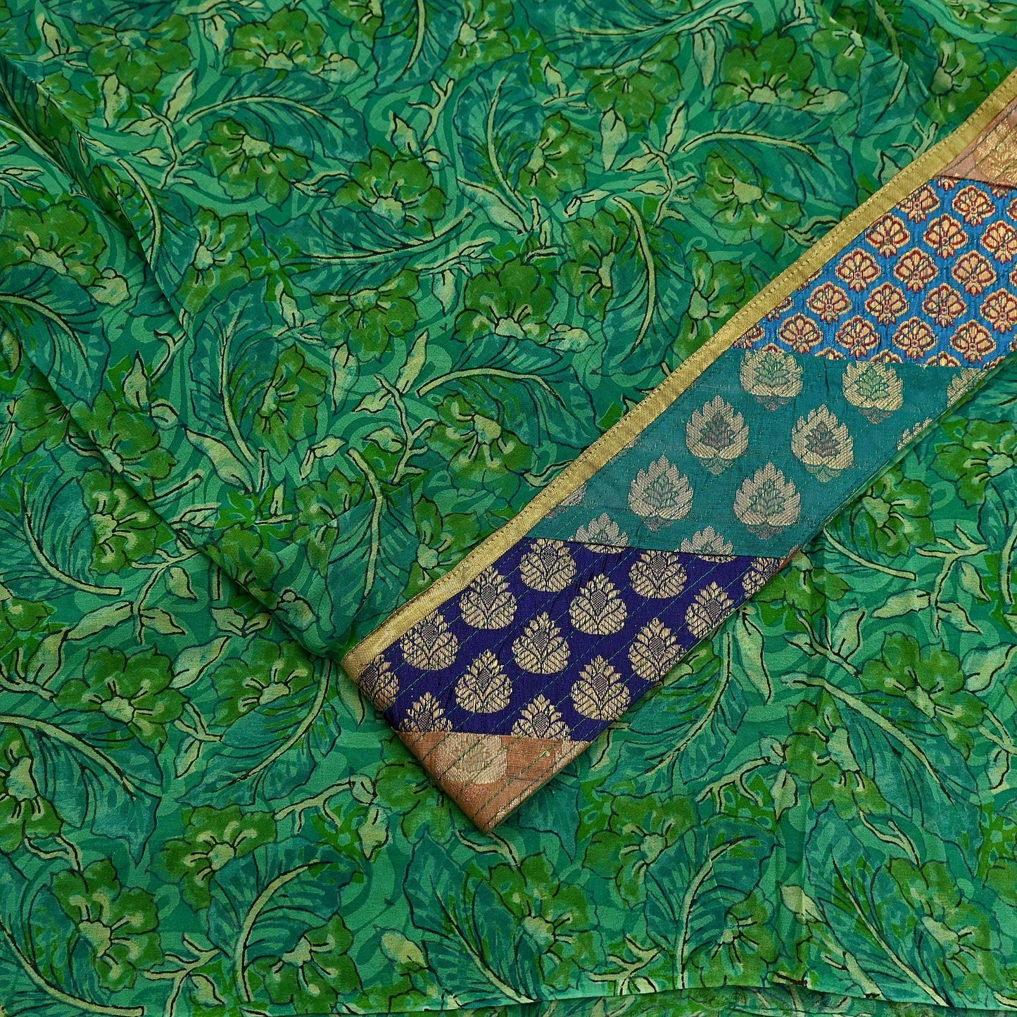 Indian Vintage Green Saree Pure Georgette Silk Printed Sari Craft Fabric 5Yd Ethnic Soft Dress making Crafting Quilting