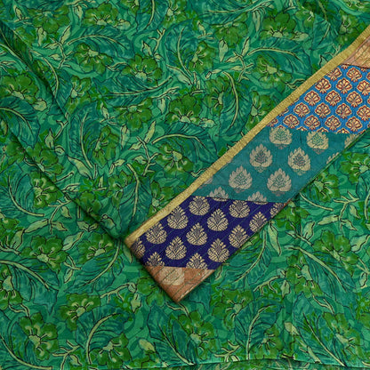 Indian Vintage Green Saree Pure Georgette Silk Printed Sari Craft Fabric 5Yd Ethnic Soft Dress making Crafting Quilting